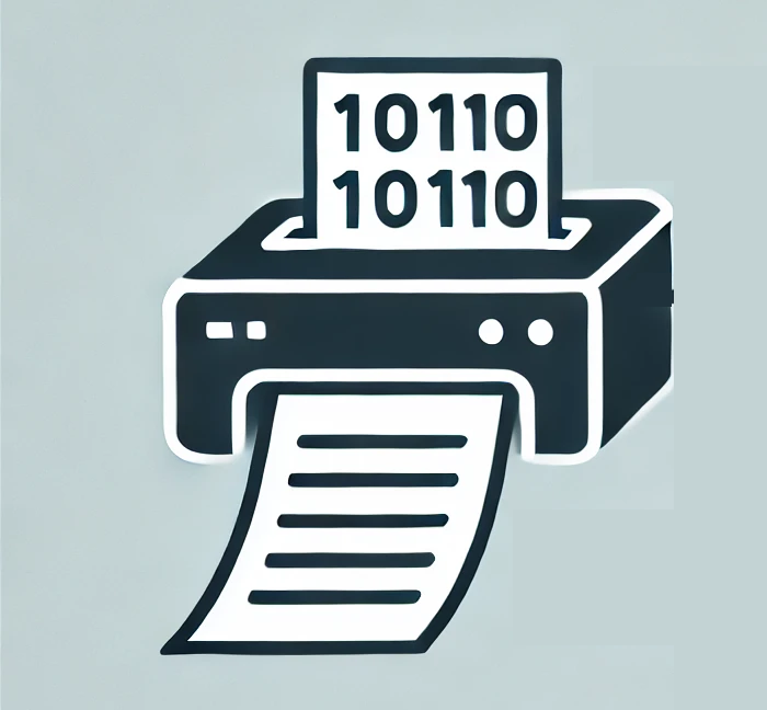 A minimalistic icon of a printer with numbers going in and a piece of paper going out.