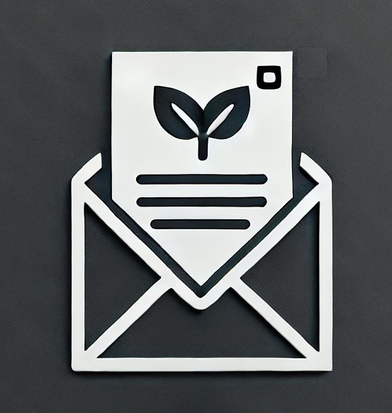 A minimalistic icon of an envelope with a piece of paper coming out of it that has an illustration of a plant on it.
