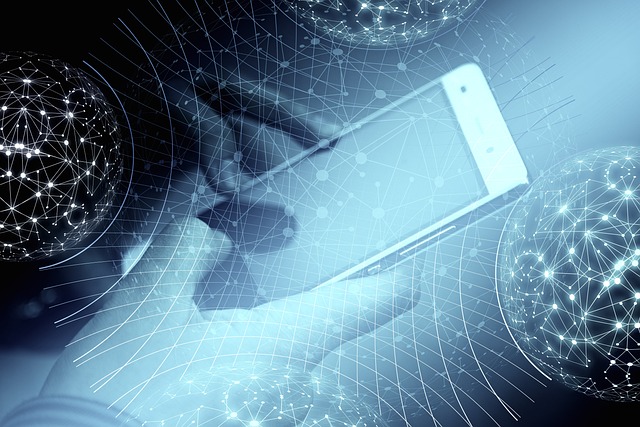 A conceptualized image of data and networking with a hand hovering over a tablet.