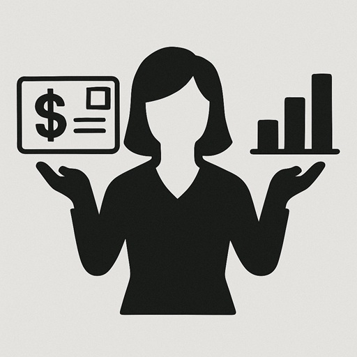 A silhouette of a woman holding a postcard in one hand and a bar graph in the other.