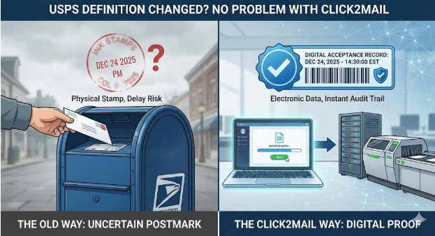 An image of the antiquated postmark next to an image of the modern barcode that provides more robust timestamping.