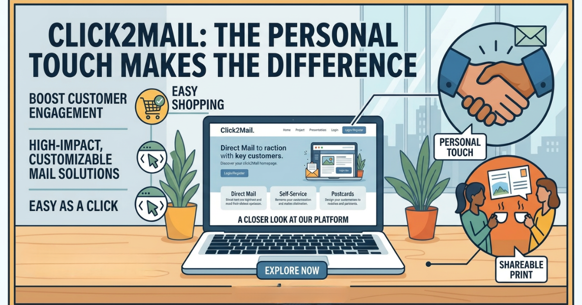 Click2Mail promotional graphic displayed on a laptop screen with key features like direct mail solutions, personal touch handshake icon, and shareable print benefits.