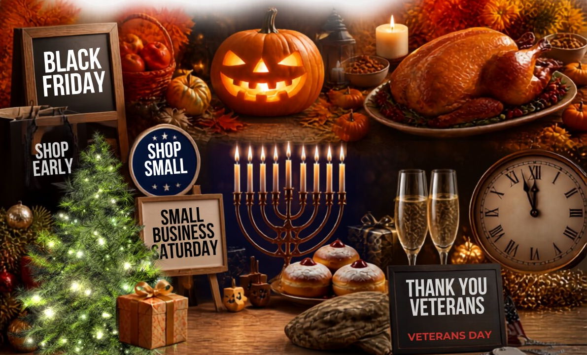A festive collage of fall and winter holiday elements including a jack-o'-lantern, a Thanksgiving turkey, a Hanukkah menorah, champagne flutes near a clock, a Christmas tree, and promotional signage for Black Friday, Shop Small, Small Business Saturday, and Veterans Day.